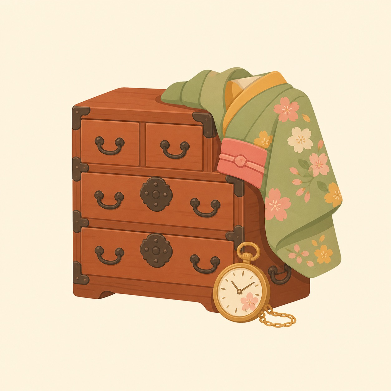 桐たんすと着物、懐中時計のイラスト